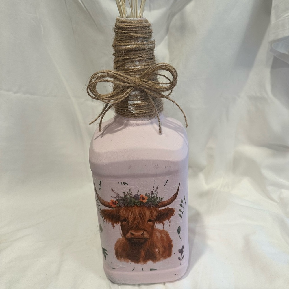 Highland Cow Glass Bottle Hand Painted Decoupage recycled Liquor Bottlr